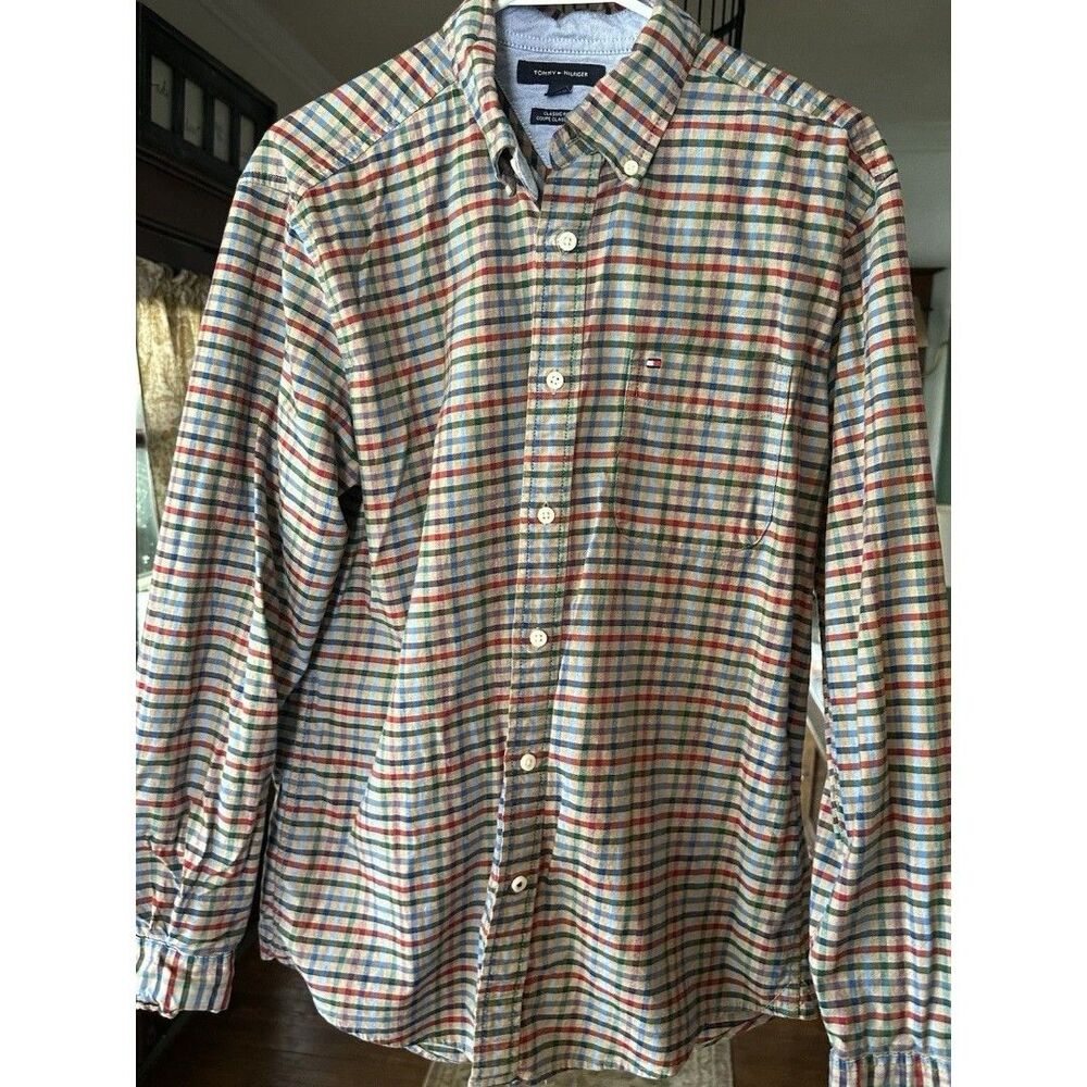Tommy Hilfiger Classic Fit Plaid Cotton Shirt M Long Sleeve Button-Down